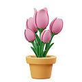 Fresh Pink Tulips in Yellow Pot with Green Stems and Leaves