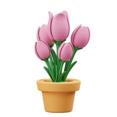 Fresh Pink Tulips in Yellow Pot with Green Stems and Leaves 3d model