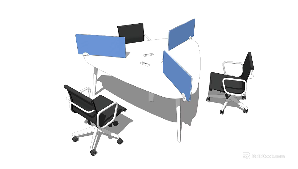 Modern Round Office Desk With Blue Dividers And Black Office Chairs 3d model 