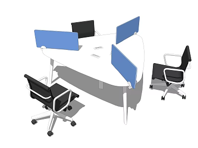 Modern Round Office Desk With Blue Dividers And Black Office Chairs 3d model