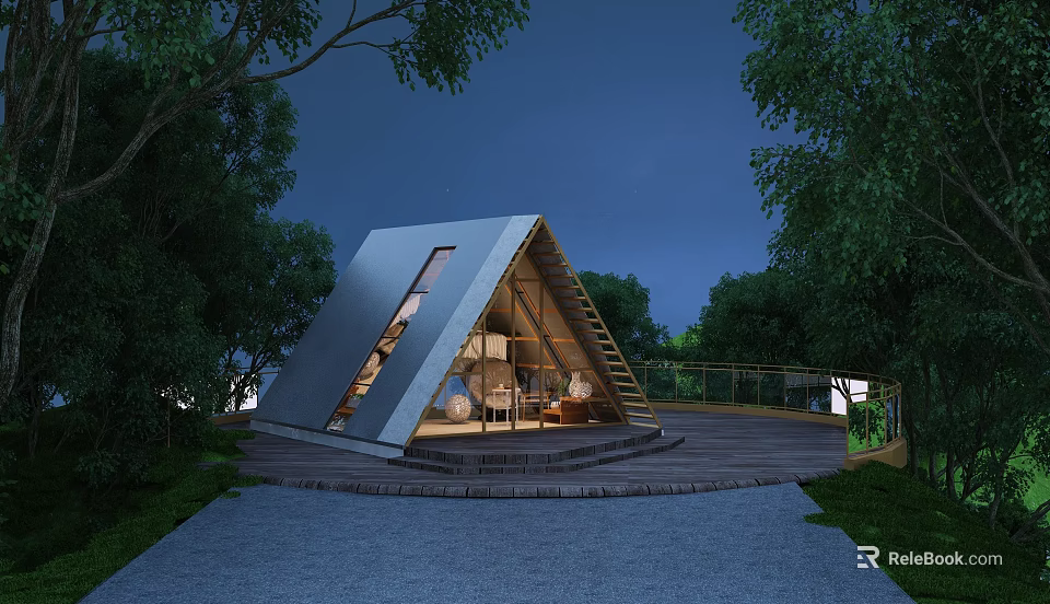 Garden Landscape Featuring Triangular Roof Structure Night Scene Wooden Deck And Trees 3d model 