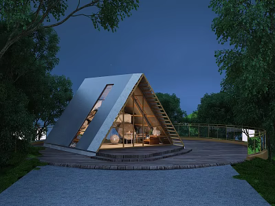 Garden Landscape Featuring Triangular Roof Structure Night Scene Wooden Deck And Trees 3d model