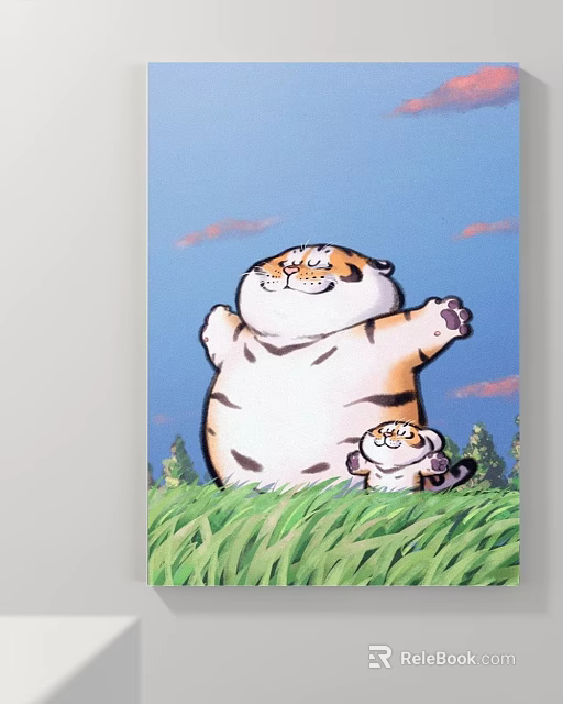 Animal Painting Featuring Chubby Tiger and Baby Tiger in Green Grass Under Blue Sky 3d model 