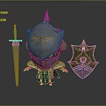Silver Armored Character With Glowing Orange Eyes Beside Sword And Shield Featuring Red Gem
