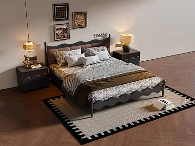 Modern Double Bed with Decorative Paintings Bedside Tables Table Lamps and Wooden Flooring 3d model