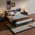 Modern Double Bed with Decorative Paintings Bedside Tables Table Lamps and Wooden Flooring