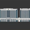 Cartoon Style Blue And White Symmetrical Buildings With White Base And Reflections On Dark Background