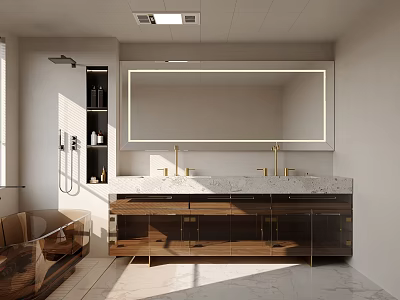 Modern Bathroom Interior With Double Vanity Marble Countertop Backlit Mirror And Freestanding Bathtub 3d model