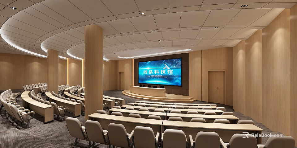 Large Tiered Modern Conference Room Design With Wooden Walls Large Screen Podium And Organized Seats 3d model 