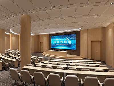 Large Tiered Modern Conference Room Design With Wooden Walls Large Screen Podium And Organized Seats 3d model