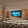 Large Tiered Modern Conference Room Design With Wooden Walls Large Screen Podium And Organized Seats