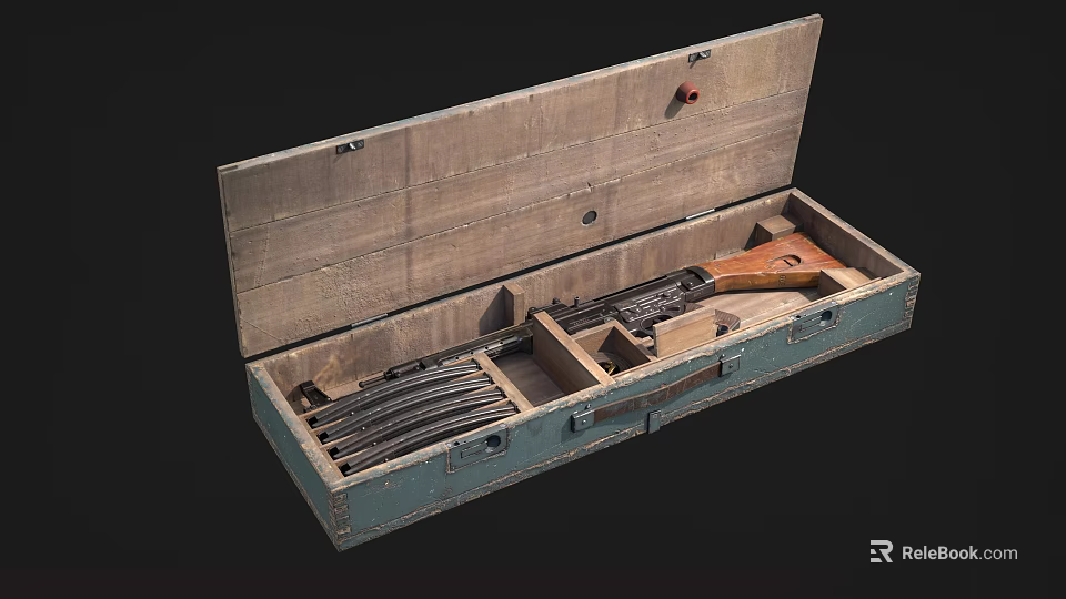 Open Vintage Wooden Case With Guns Magazines And Fitted Interior Structure 3d model 