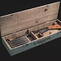 Open Vintage Wooden Case With Guns Magazines And Fitted Interior Structure 3d model