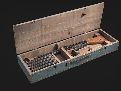 Open Vintage Wooden Case With Guns Magazines And Fitted Interior Structure 3d model