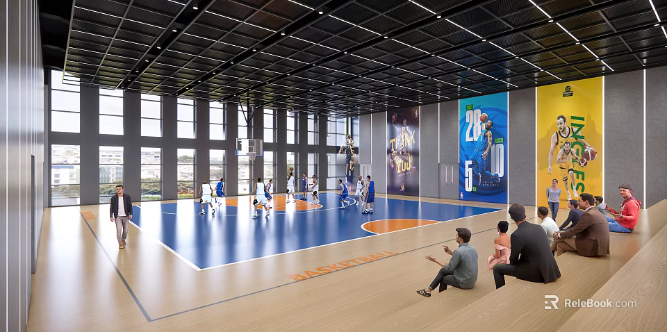 Spacious Basketball Court With Blue Orange Flooring Large Windows Wall Posters And Spectators 3d model 