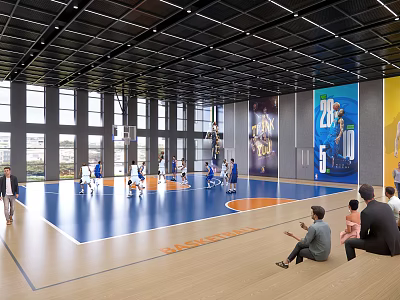 Spacious Basketball Court With Blue Orange Flooring Large Windows Wall Posters And Spectators 3d model