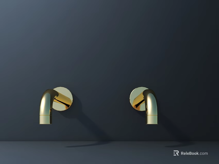 Double Golden Wall Mounted Faucets On Dark Background Modern Design 3d model 