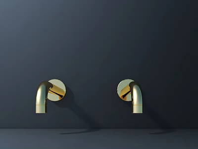 Double Golden Wall Mounted Faucets On Dark Background Modern Design 3d model
