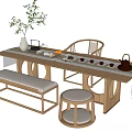 Natural Wooden Chinese Style Tea Table and Chairs with Tea Set Vase and Green Plant