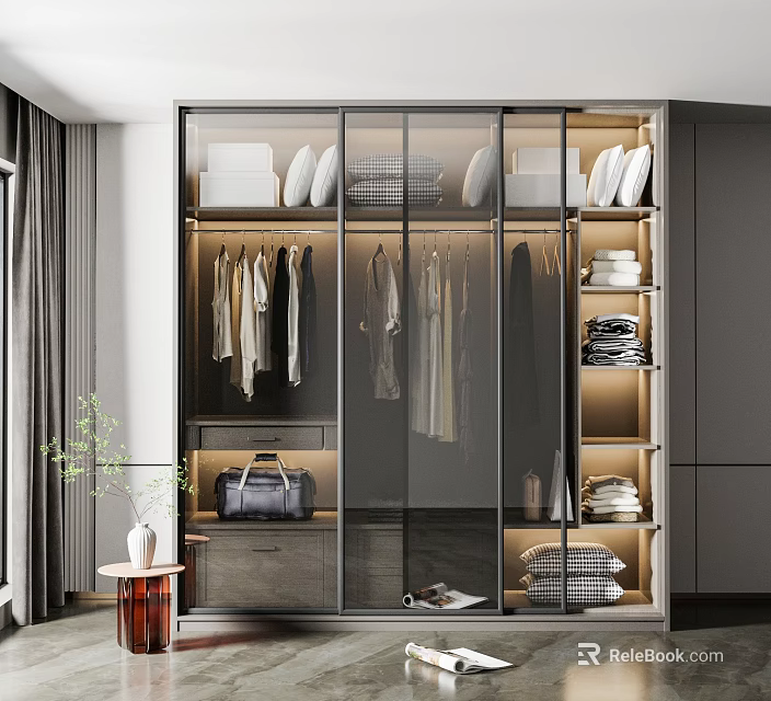 Sleek Modern Wardrobe Interior With Sliding Glass Doors Hanging Garments Folded Clothes And Storage Bags 3d model 