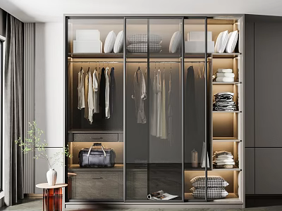 Sleek Modern Wardrobe Interior With Sliding Glass Doors Hanging Garments Folded Clothes And Storage Bags 3d model
