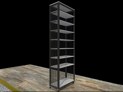Black Metal Display Shelf with Multiple Shelves and Wheels on Wooden Floor 3d model