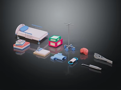 Medical Decorative Ornament Set With Miniature Bed IV Stand Medicine Boxes And Medical Tools 3d model