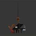 Musical Instruments and Art Supplies Setup with Grand Piano Harp Red Chair and Music Stand