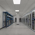 Storage Corridor With Glass Door Cabinets Metal Shelves Gray Flooring And Ceiling Lights