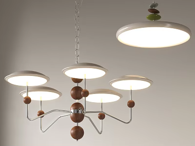 Modern Chandelier With Multiple Circular Light Panels Wooden Decorative Balls And Metal Frame 3d model