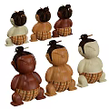 Traditional Wooden Dolls with Topknot Hairstyle and Woven Skirts in Various Colors