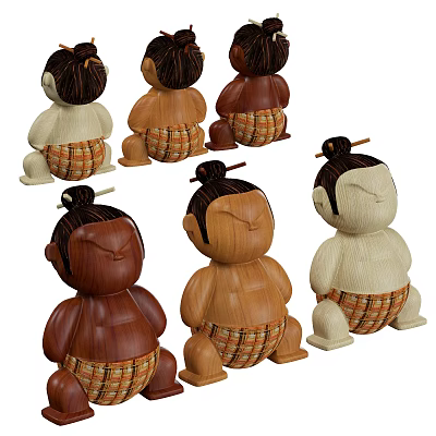 Traditional Wooden Dolls with Topknot Hairstyle and Woven Skirts in Various Colors 3d model