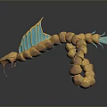 Game And Movie Character 3D Design Of Orange Segmented Creature With Blue Fins Curved Body