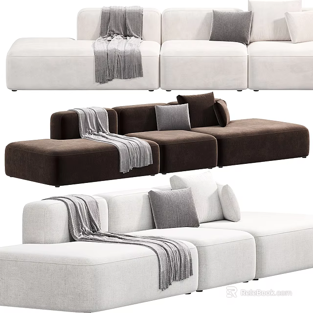 White and Brown Sectional Sofa with Throw Blankets and Decorative Pillows 3d model 