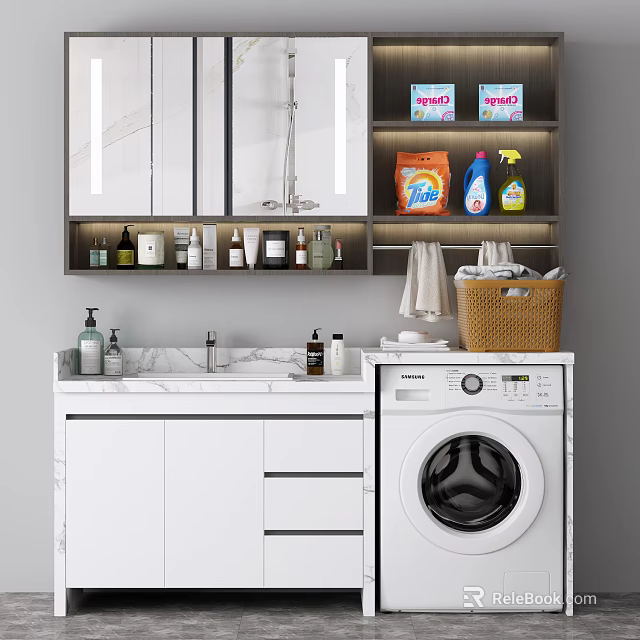 Modern Bathroom Sink With Marble Countertop Washing Machine And Toiletries Cabinet 3d model 