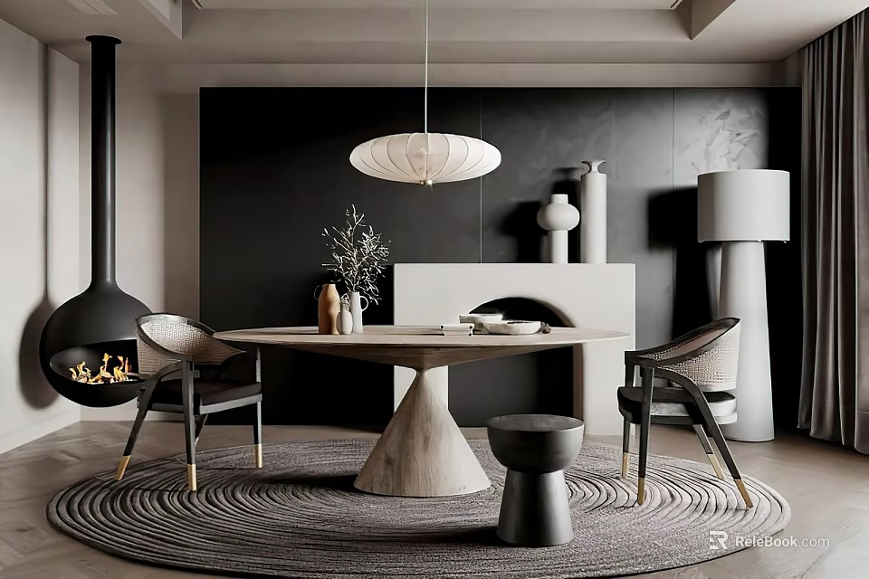 Modern Restaurant Interior With Round Dining Table Chairs Pendant Light And Fireplace 3d model 