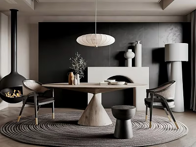 Modern Restaurant Interior With Round Dining Table Chairs Pendant Light And Fireplace 3d model