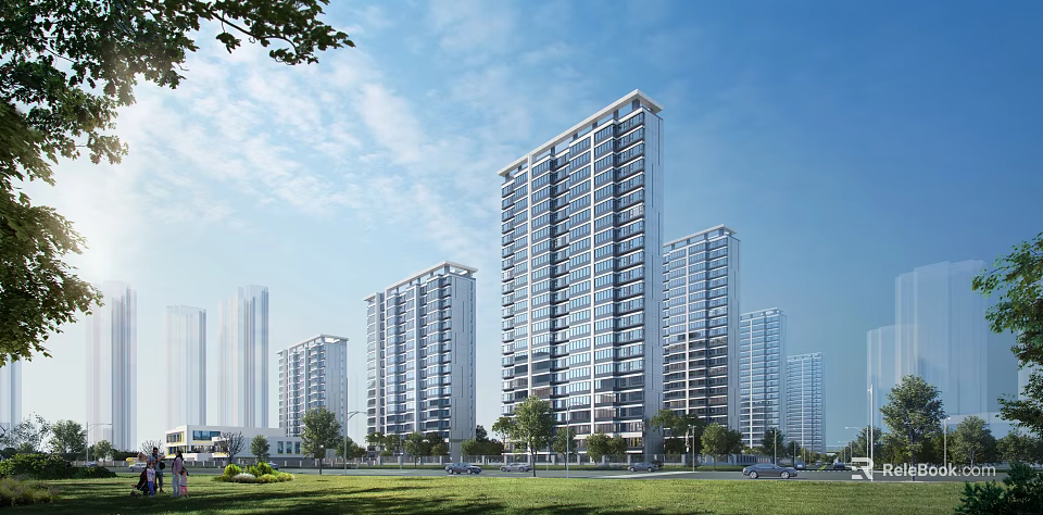 Modern High Rise Residential Building With Lawn Trees Blue Sky And White Clouds 3d model 
