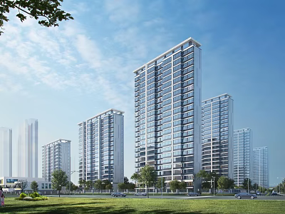 Modern High Rise Residential Building With Lawn Trees Blue Sky And White Clouds 3d model