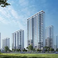 Modern High Rise Residential Building With Lawn Trees Blue Sky And White Clouds