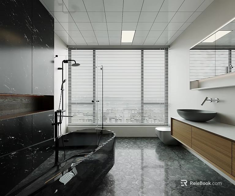 Modern Sleek Luxury Bathroom Interior With Black Marble Bathtub And Wooden Vanity Large Window Blinds 3d model 