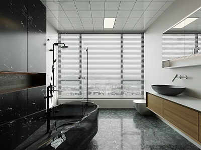Modern Sleek Luxury Bathroom Interior With Black Marble Bathtub And Wooden Vanity Large Window Blinds 3d model