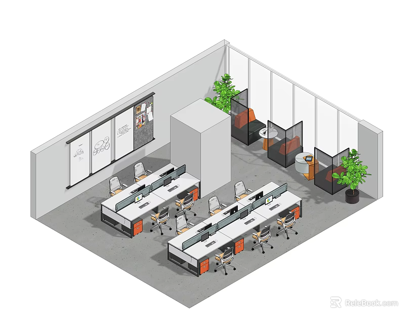 Modern Public Office Space With Open Layout Workstations Whiteboard And Green Plants 3d model 