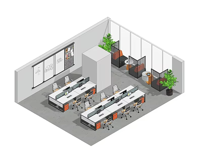 Modern Public Office Space With Open Layout Workstations Whiteboard And Green Plants 3d model