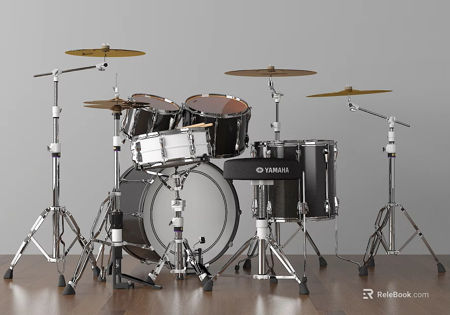 Professional Yamaha Acoustic Drum Set Musical Instrument With Cymbals On Wooden Floor Background 3d model 