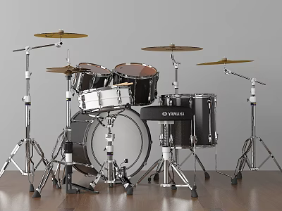 Professional Yamaha Acoustic Drum Set Musical Instrument With Cymbals On Wooden Floor Background 3d model