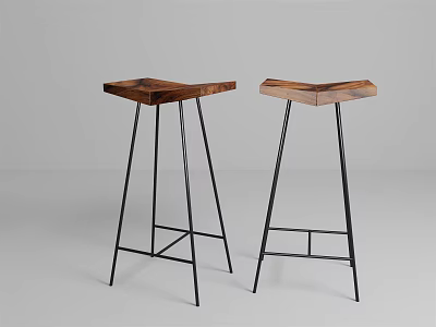 Modern Wooden Bar Stools With Sturdy Metal Frames And Square Seats 3d model