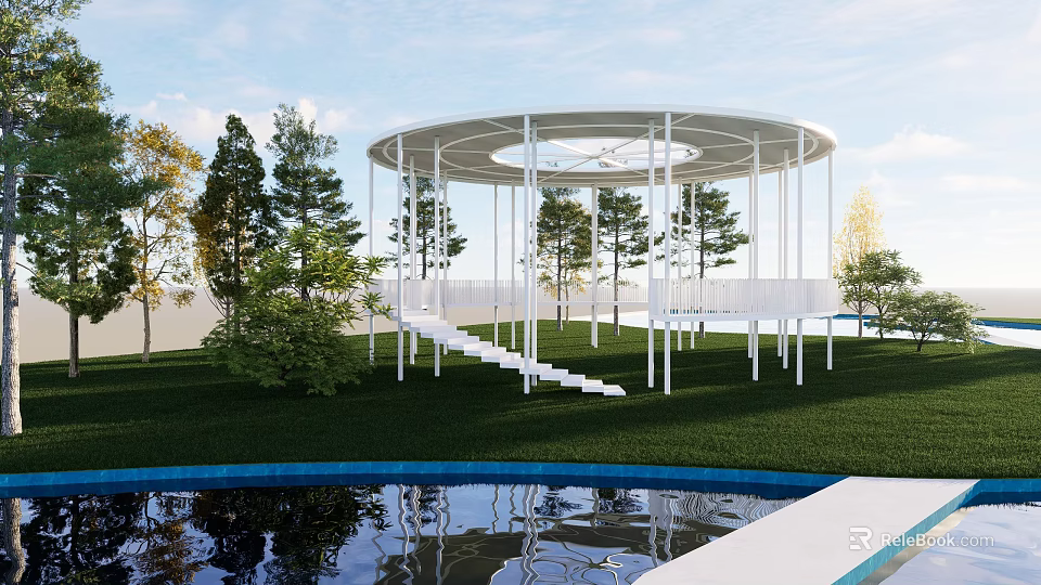 Modern Circular Structure With White Pillars Stairs Lawn Trees And Pool 3d model