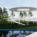 Modern Circular Structure With White Pillars Stairs Lawn Trees And Pool 3d model