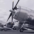 Vintage Silver Propeller Fighter Aircraft with US Star Insignia Parked on Runway Trees Sky Background